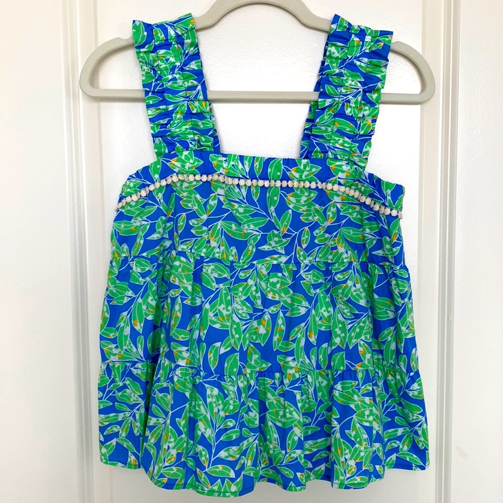 THML Blue & Green Leaf Print Ruffled Strap Tank Top